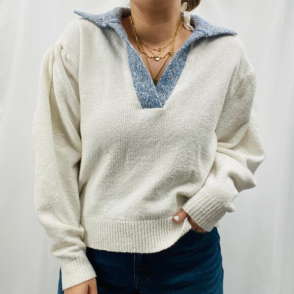 Tanya Taylor S white blue henley collar sweater - Picture 8 of 8